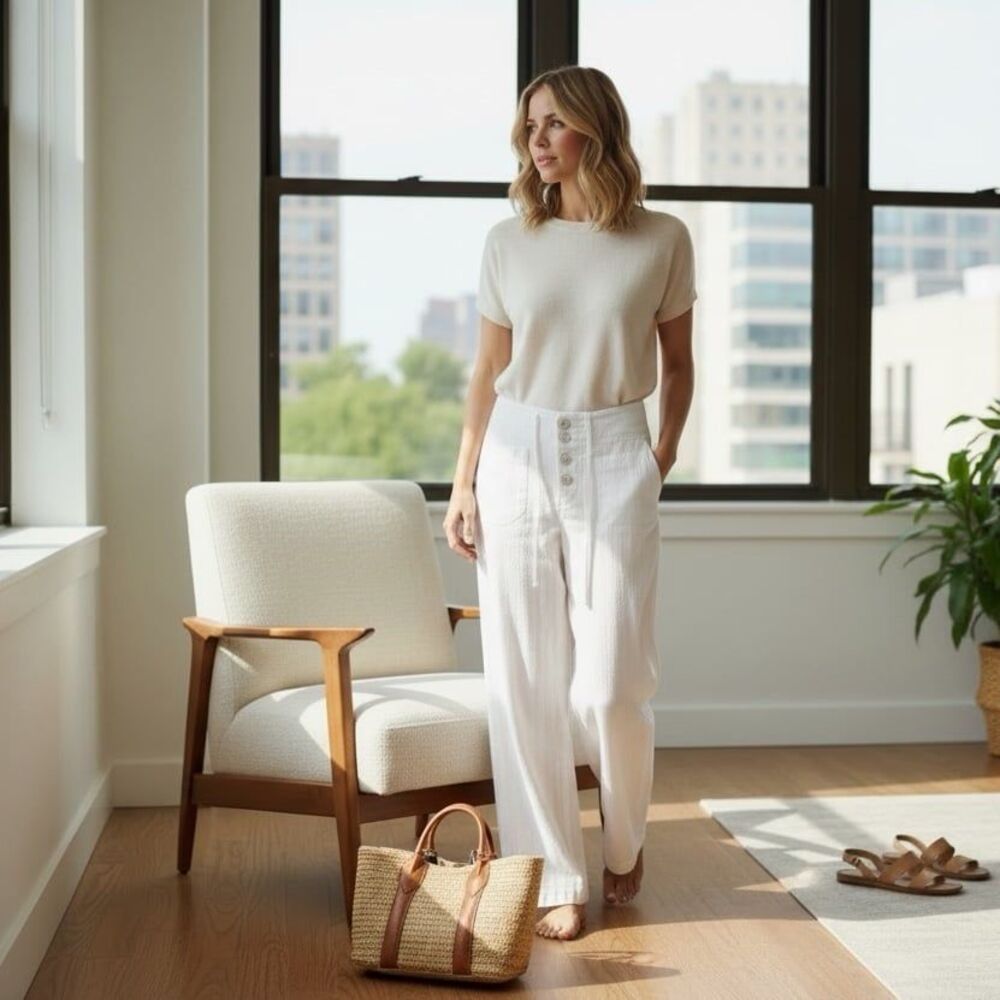 Sundance White Eyelet Embroidered Wide Leg Pants NWT Women’s Large Coastal